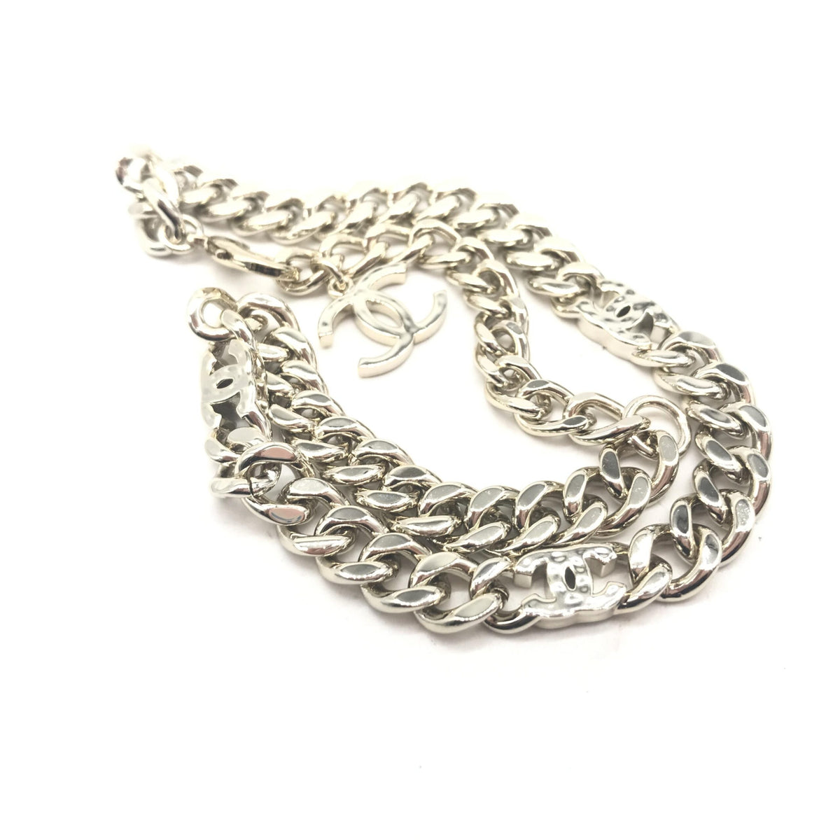 Chanel Silver Tone Curb Chain Link Necklace